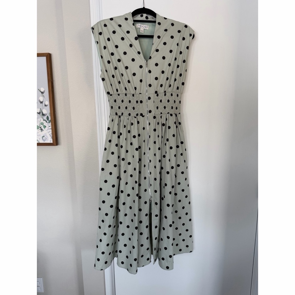 She + Sky Polka Dot Midi Dress in Light Green and Black